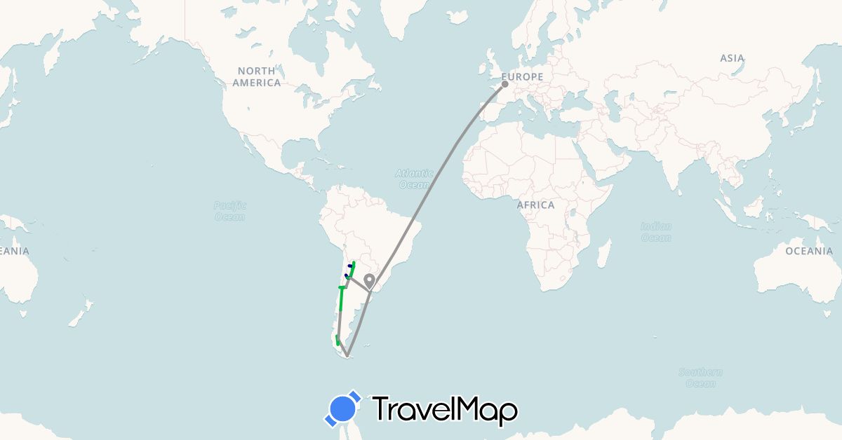 TravelMap itinerary: driving, bus, plane, train, boat in Argentina, Chile, France, Uruguay (Europe, South America)